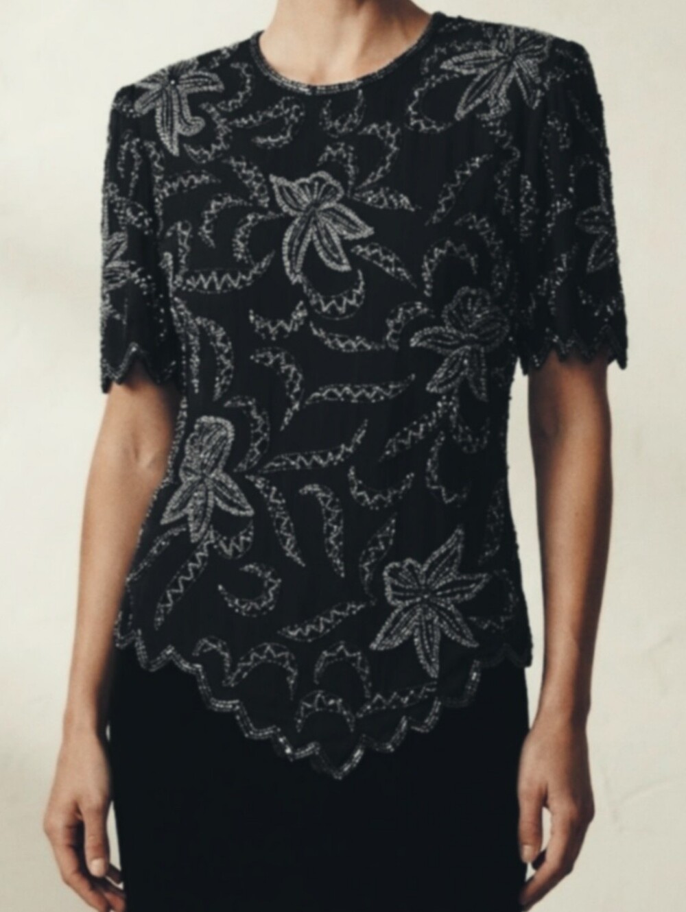 Vintage Laurence Kazar Silk Black Beaded Floral Short Sleeve Top S